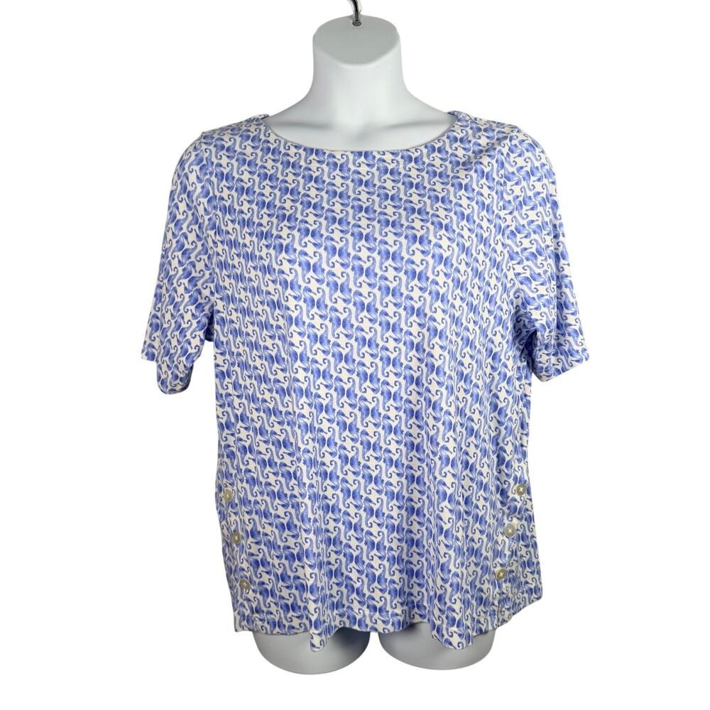 Chicos Top 4 XXL Blue Seahorse Print Side‎ Slit Tee Pima Cotton Cruise Vacation
